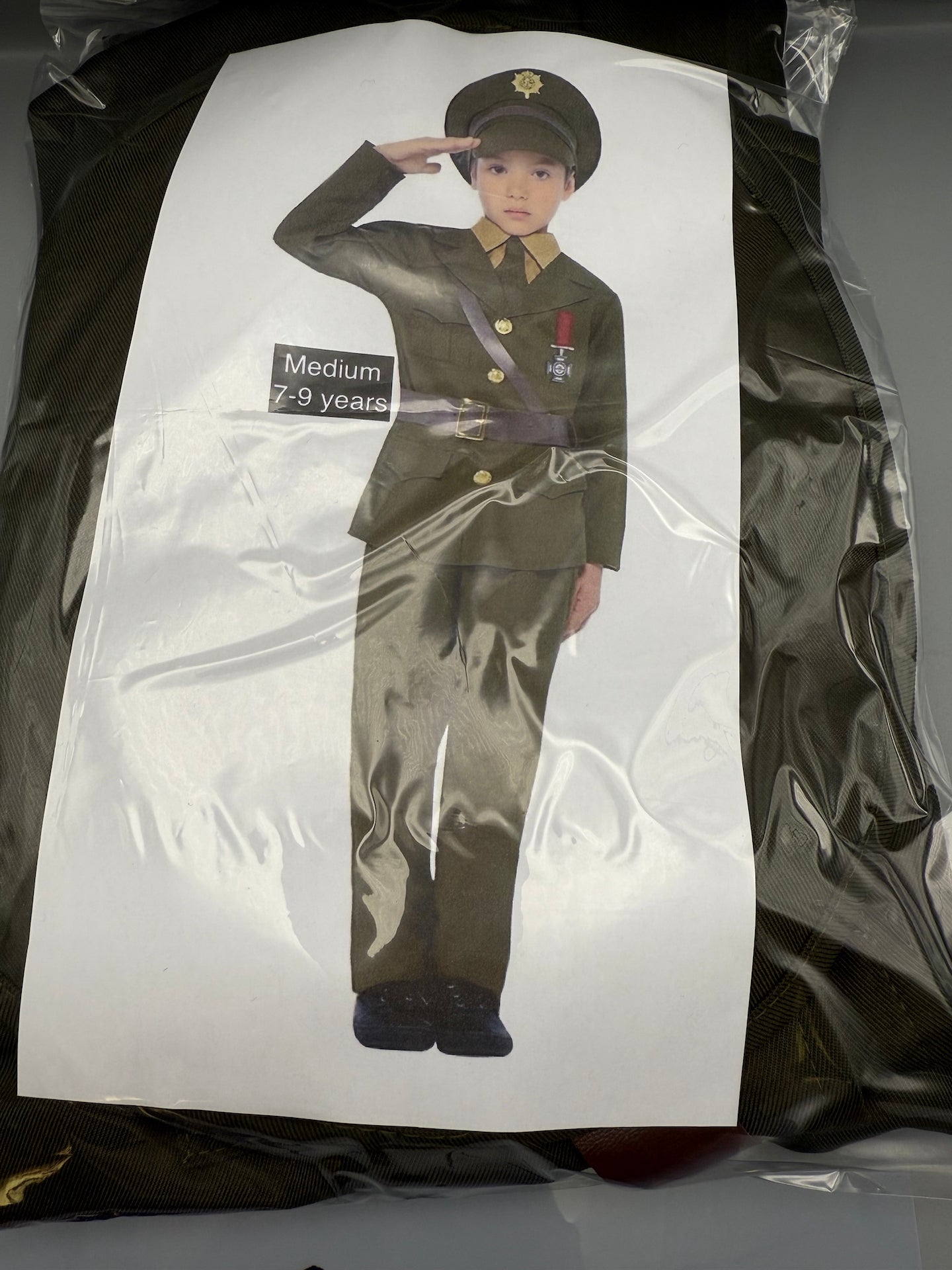 Army Officer Costume, Green with Jacket, Belt, Trousers, Hat 7-9 years