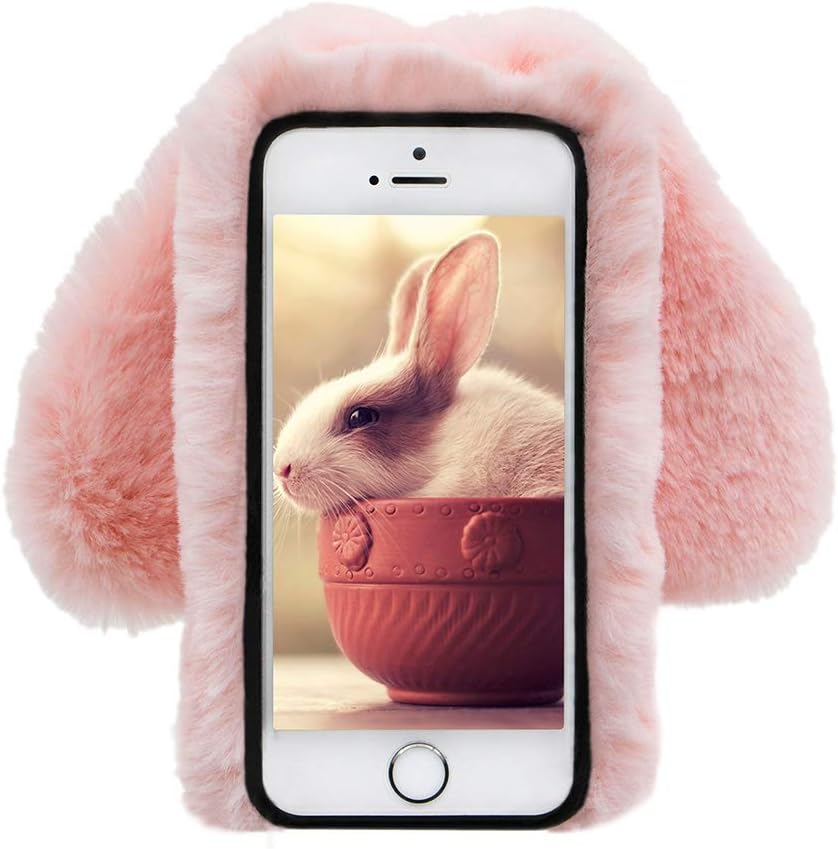 LCHDA iPhone 6S Plus Rabbit Fur Case Bunny Ear Phone Case - Pink