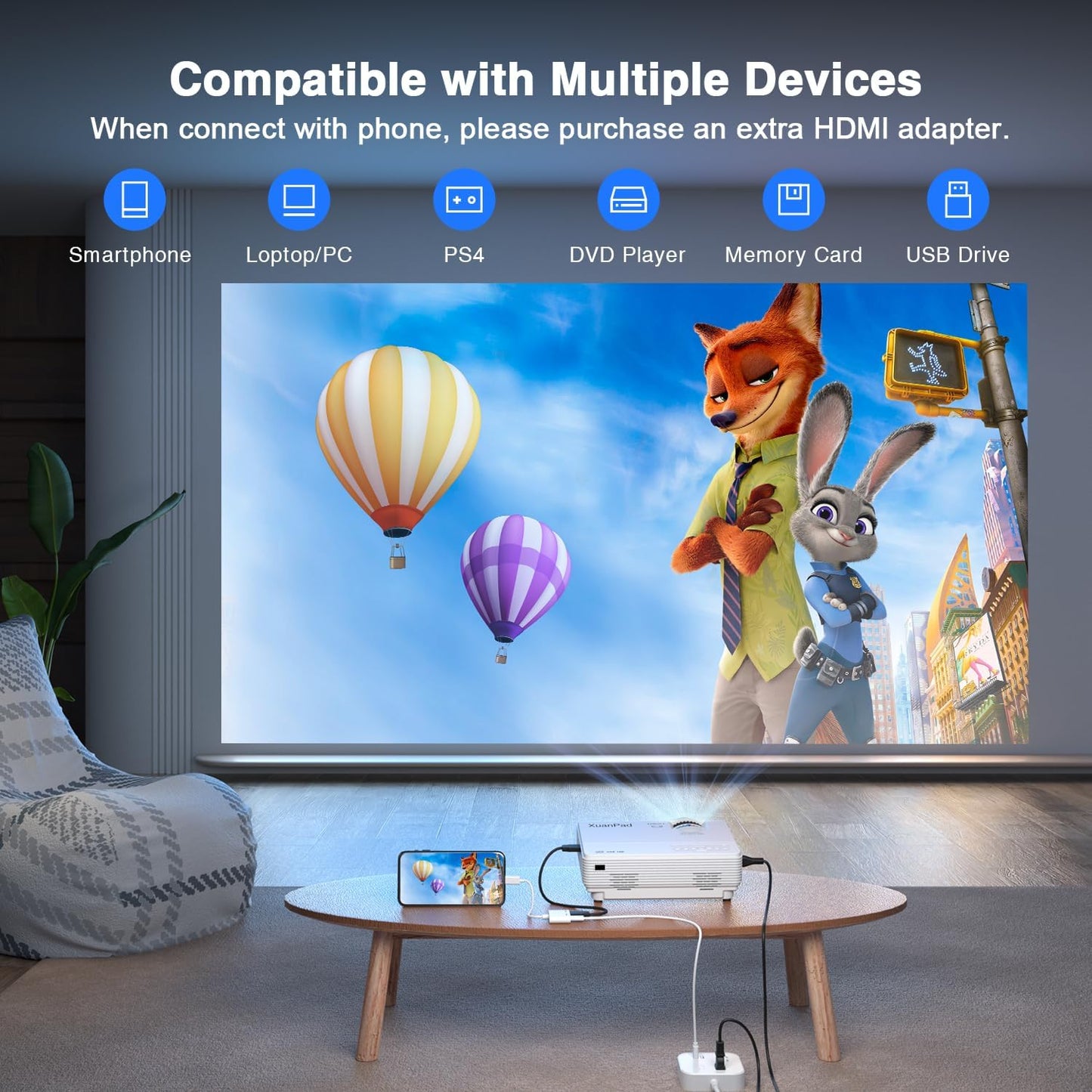 XuanPad Mini Projector, 2025 Upgraded 14000L Portable Video Home Projector