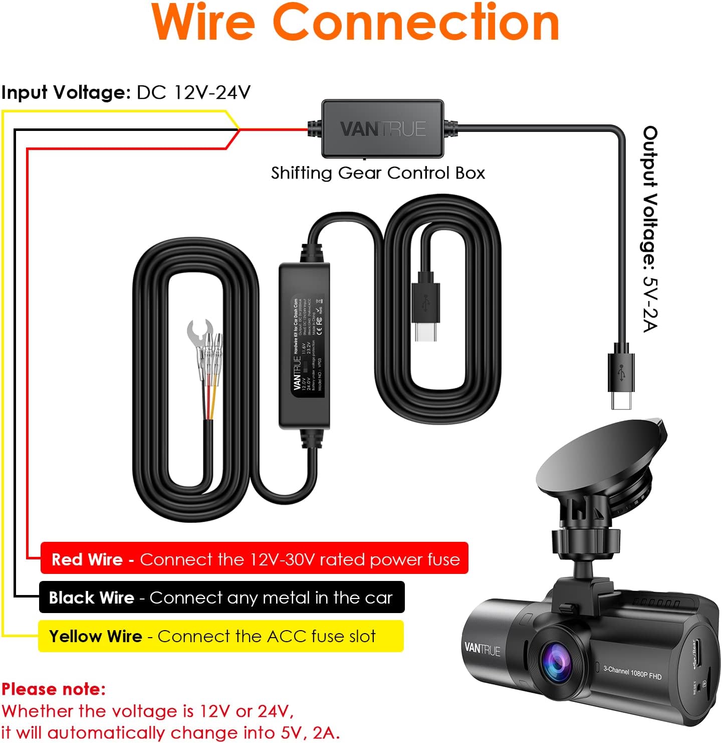 Vantrue USB-C 2 Level Hardwire Kit with ACC Fuse, 11.5ft