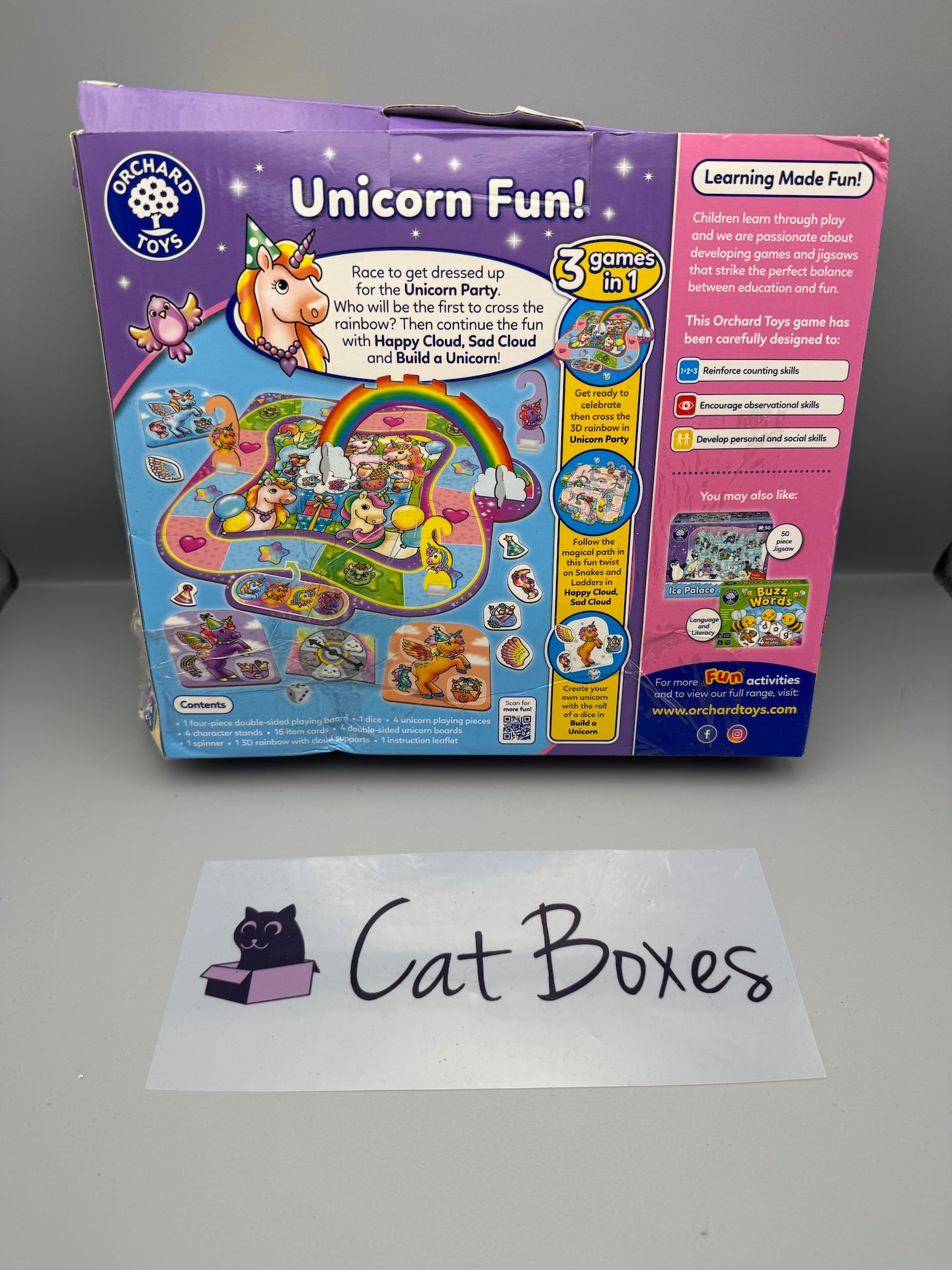 Orchard Toys Unicorn Fun! - 3 in 1 Educational Board Games **VERY Tatty Box**