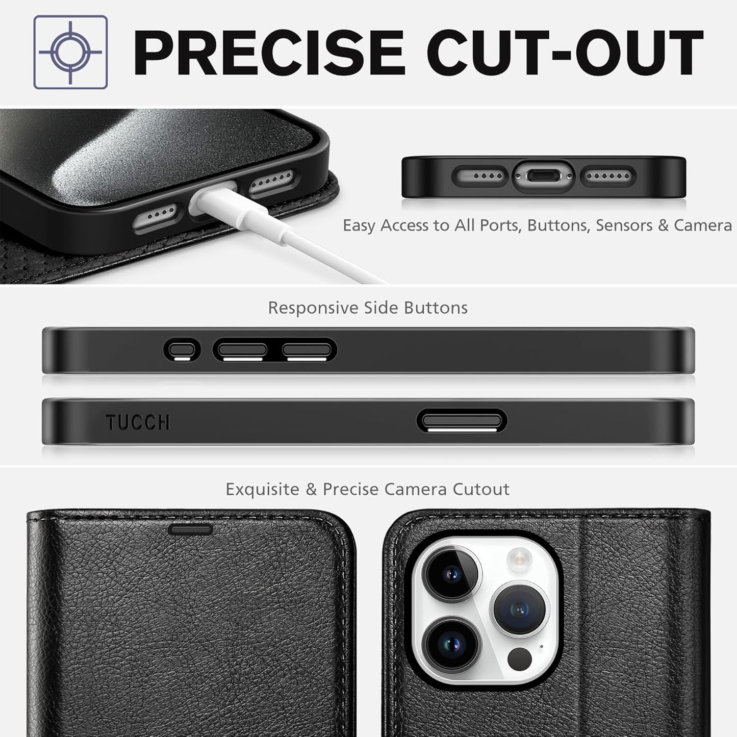 Tucch Leather Wallet Case for iPhone 15 Pro Max (6.7") 2023, Textured Black