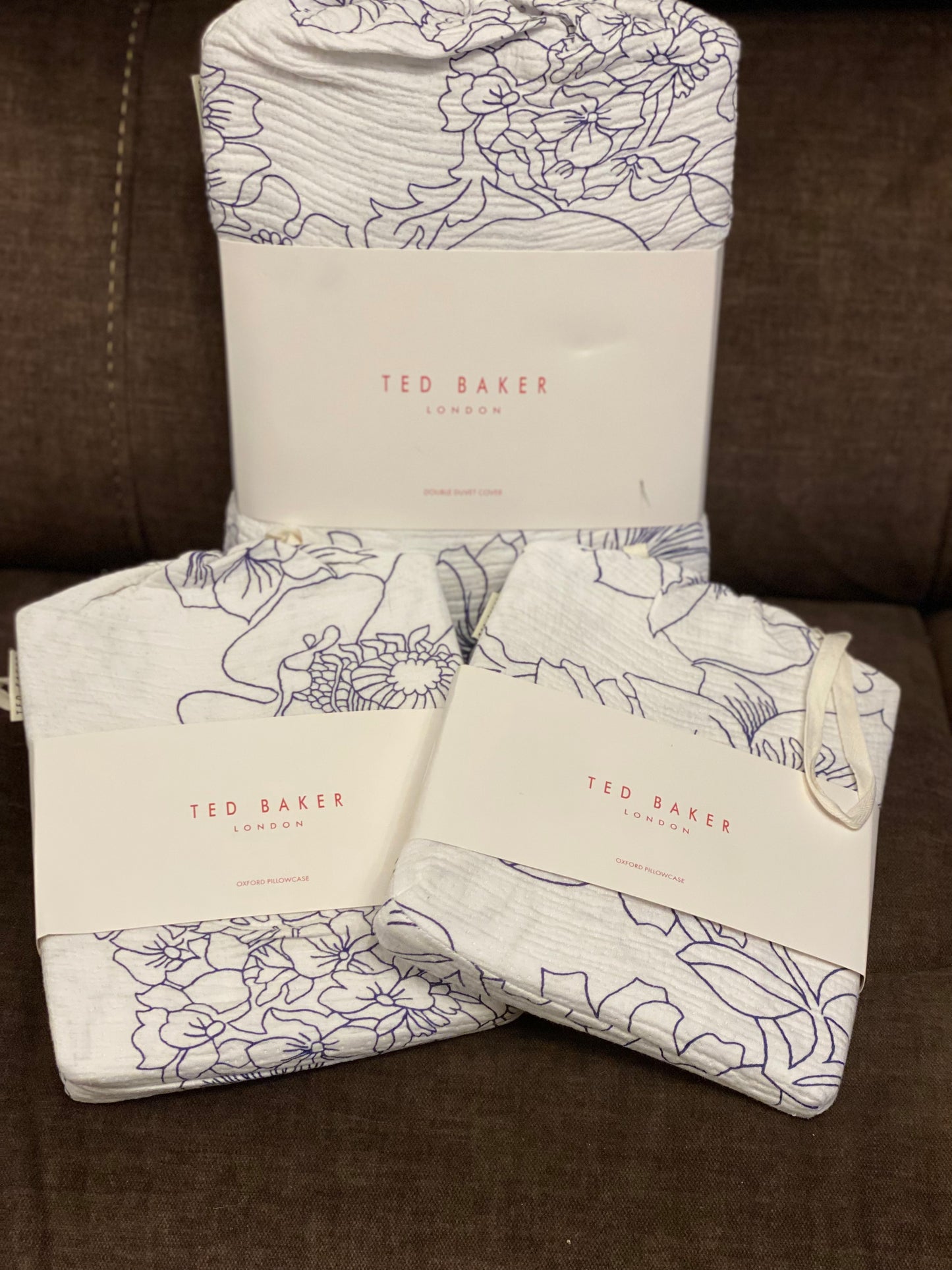 Ted Baker Linear Floral Blue Duvet Cover & 2 Pillowcases- Double