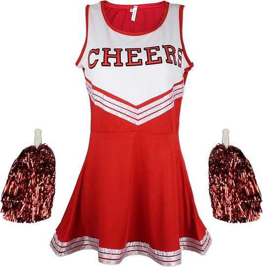 Cheerleader Fancy Dress Outfit Uniform High School with Pom Poms - Large