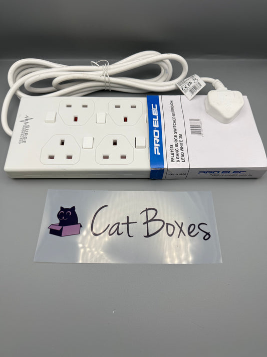 PRO ELEC 3m 8 Way Individually Switched Surge Protected Extension Lead, White