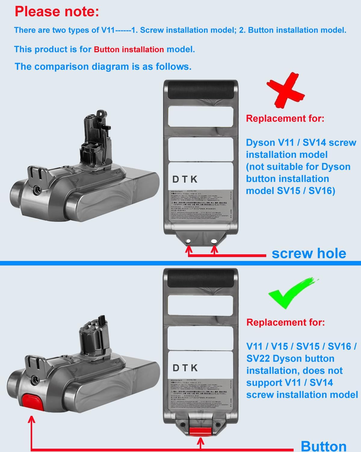 DTK Battery Replacement for Dyson Button Installation Style Battery