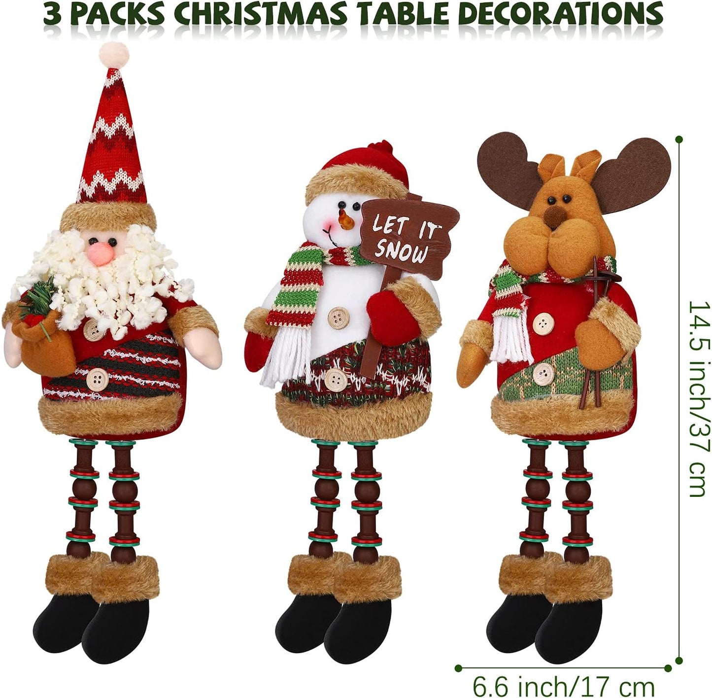 3 pieces - Cute Christmas Sitting Santa, Snowman, Reindeer - Christmas Ornament