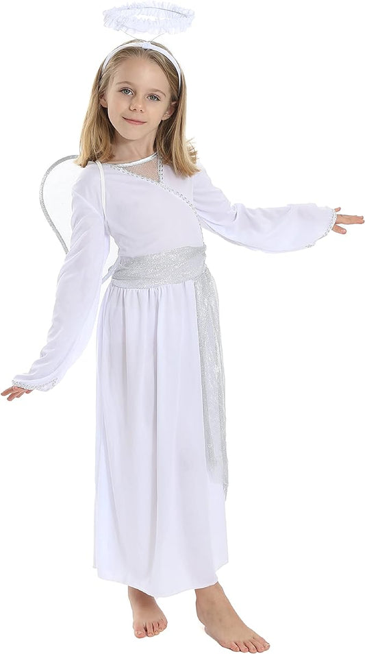 White Angel Costume With Silver Details + Silver Halo - Medium