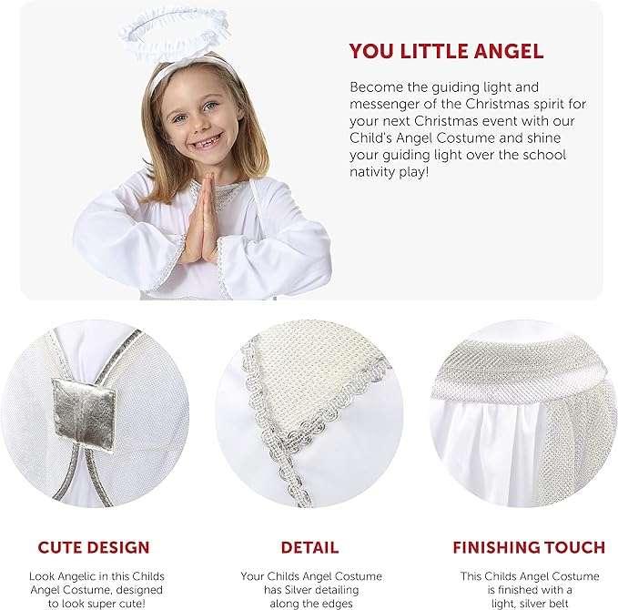 White Angel Costume With Silver Details + Silver Halo - Medium