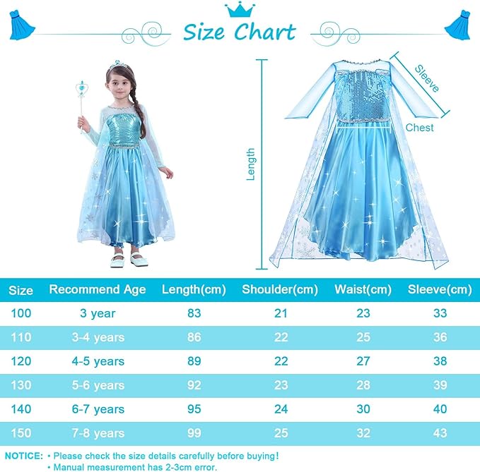 URAQT Elsa Dress, Elsa Princess Costume with Fairy Wand - Size 140