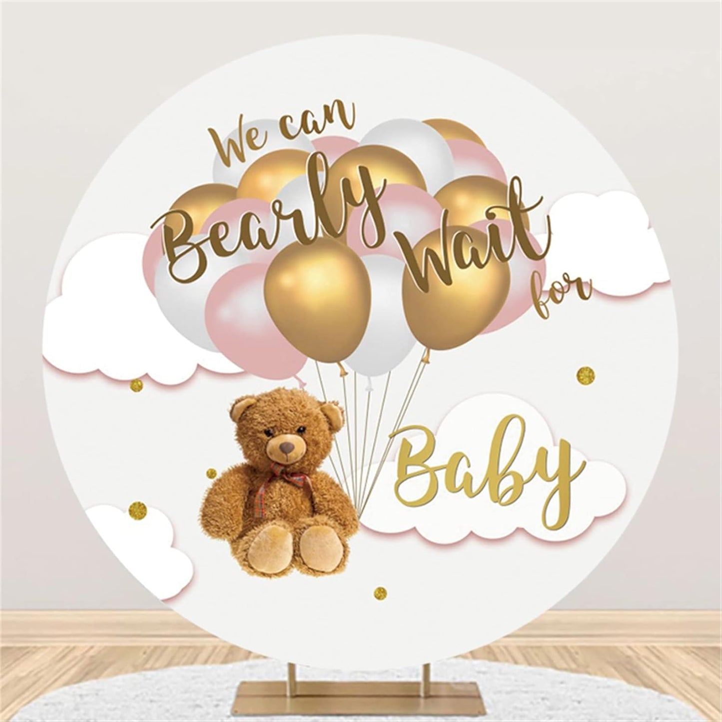 Renaiss 6.5ft Bear Balloons Round Backdrop 'We Can Bearly Wait'