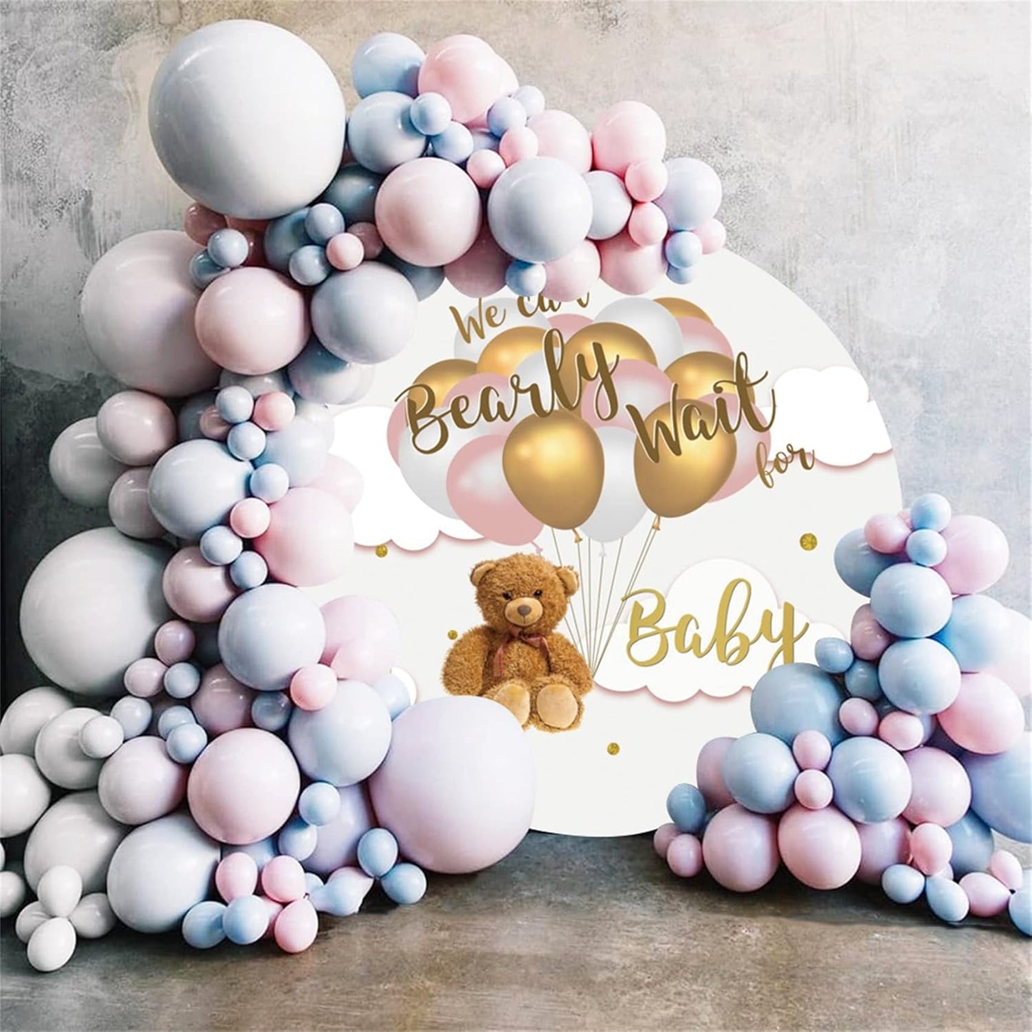 Renaiss 6.5ft Bear Balloons Round Backdrop 'We Can Bearly Wait'