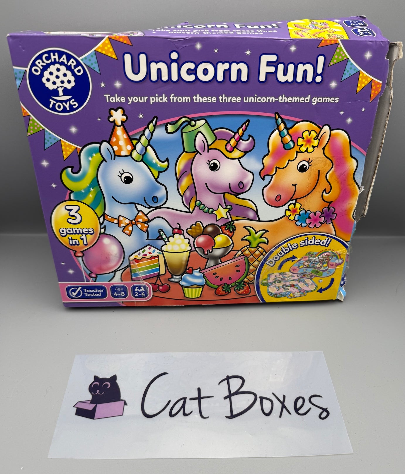 Orchard Toys Unicorn Fun! - 3 in 1 Educational Board Games **VERY Tatty Box**