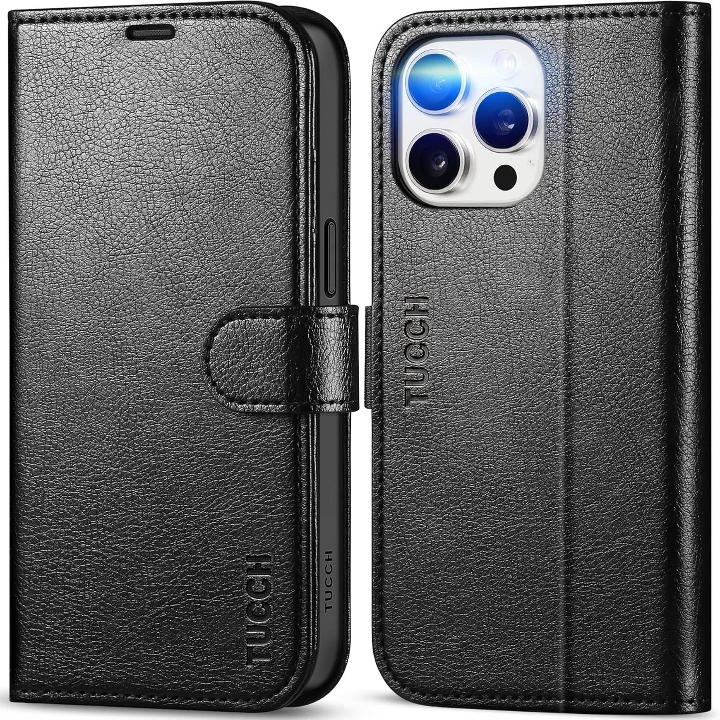 Tucch Leather Wallet Case for iPhone 15 Pro Max (6.7") 2023, Textured Black