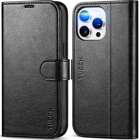 Tucch Leather Wallet Case for iPhone 15 Pro Max (6.7") 2023, Textured Black