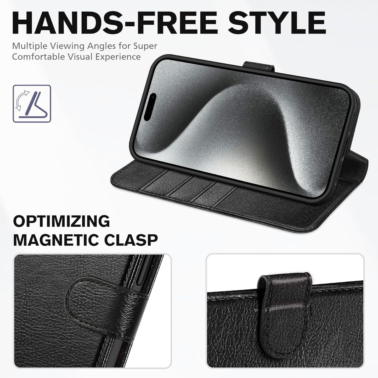 Tucch Leather Wallet Case for iPhone 15 Pro Max (6.7") 2023, Textured Black