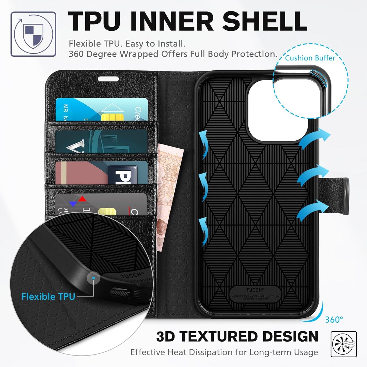 Tucch Leather Wallet Case for iPhone 15 Pro Max (6.7") 2023, Textured Black