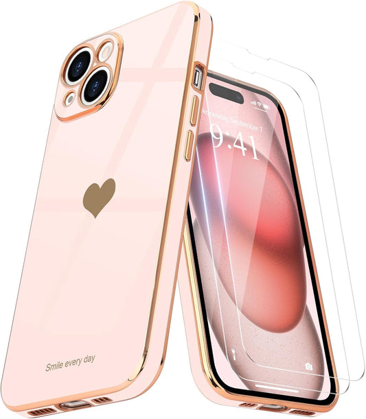 Teageo for iPhone 15 Case with 2 Screen Protector Heart Pattern, Light Pink