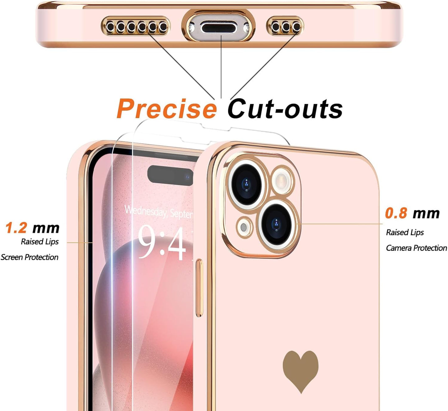 Teageo for iPhone 15 Case with 2 Screen Protector Heart Pattern, Light Pink
