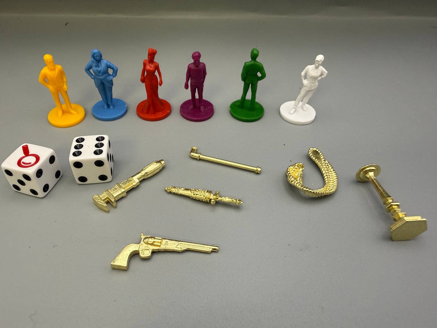 Cluedo Genuine Replacement Parts 6 Character Tokens 6 Weapons & 2 Dice