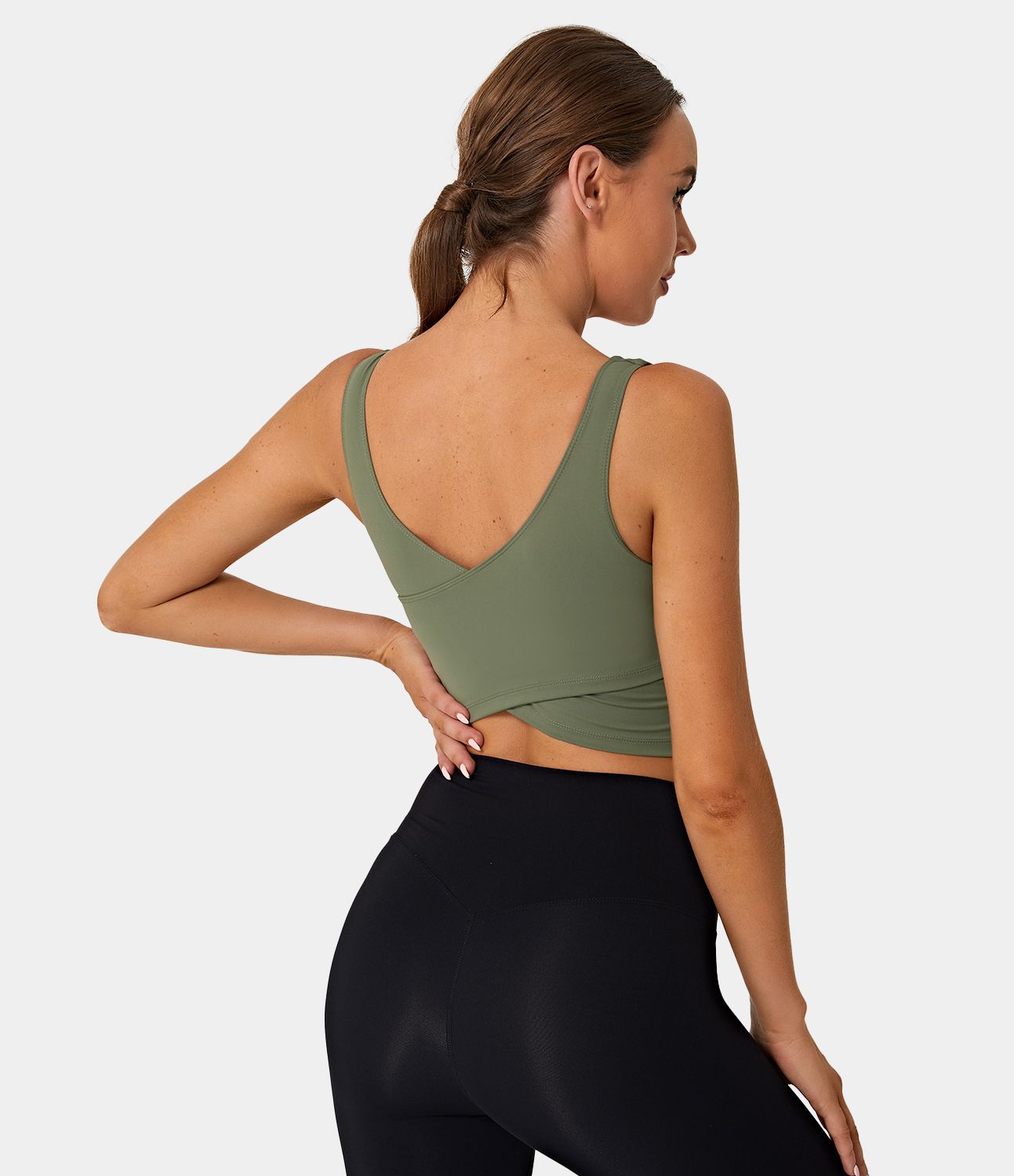 Halara - V Back Crossover Workout Cropped Tank Top - Deep Olive - XL