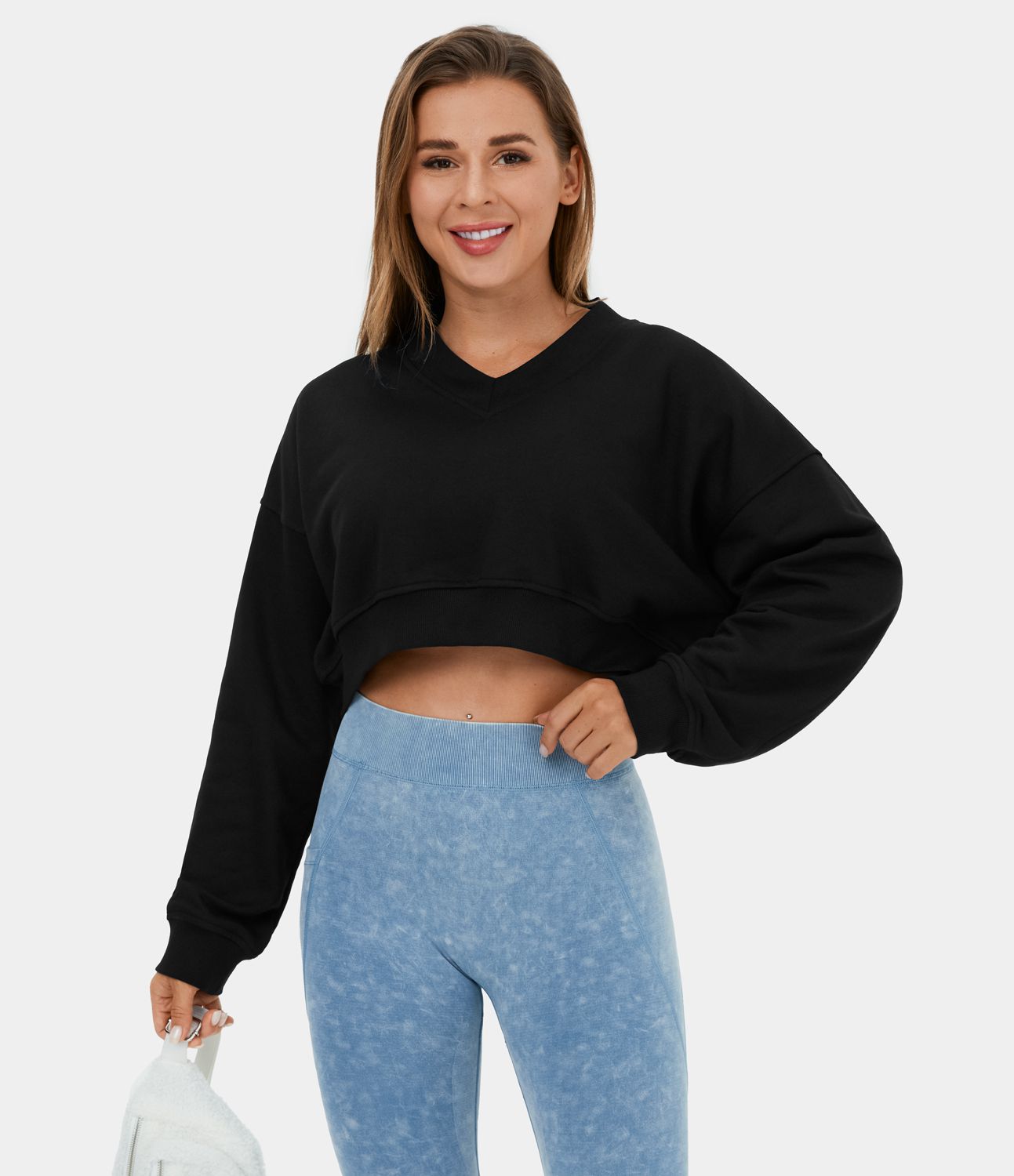 Halara - V Neck Dropped Shoulder Cropped Casual Pullover Sweatshirt - Black - Large