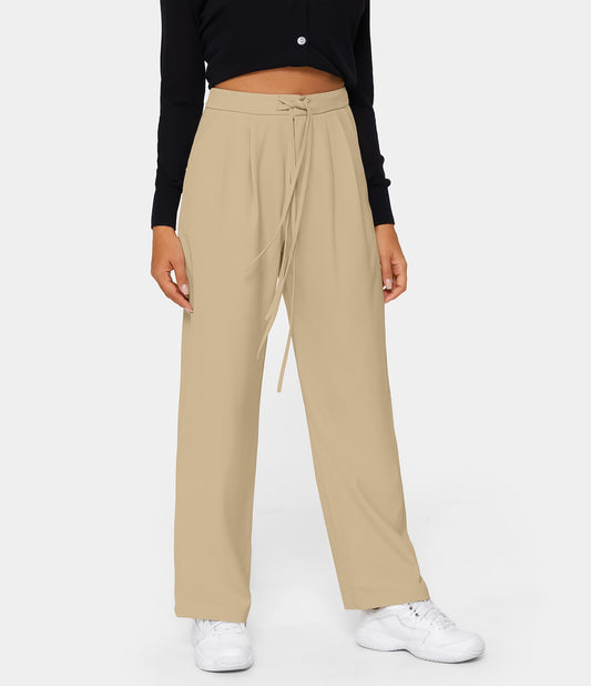 Halara - High Waisted Drawstring Zipper Side Pocket Plain Wide Leg Pants - Starfish - XL