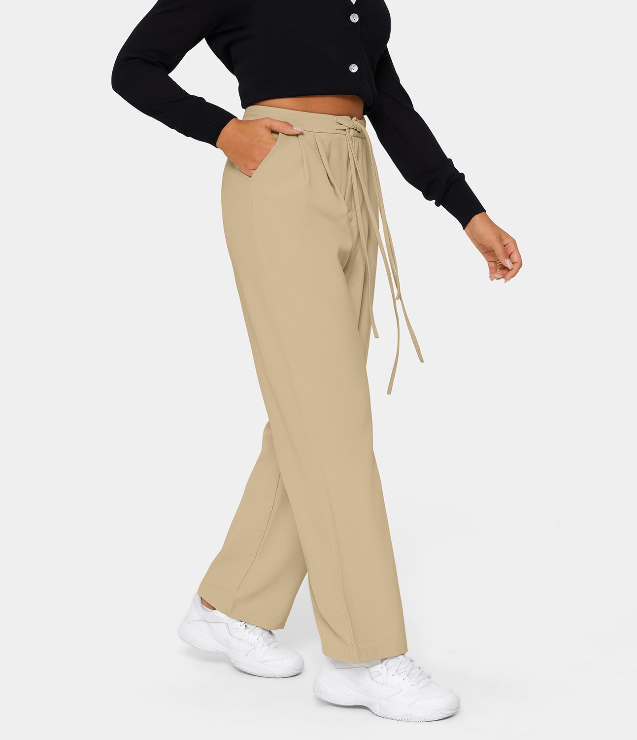 Halara - High Waisted Drawstring Zipper Side Pocket Plain Wide Leg Pants - Starfish - XL