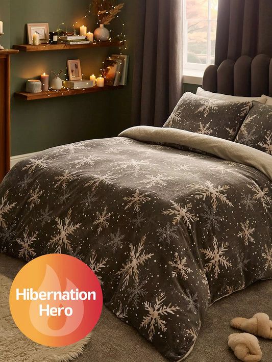 Silentnight Christmas Snowflake Fleece Duvet Cover Set - Grey -King Size