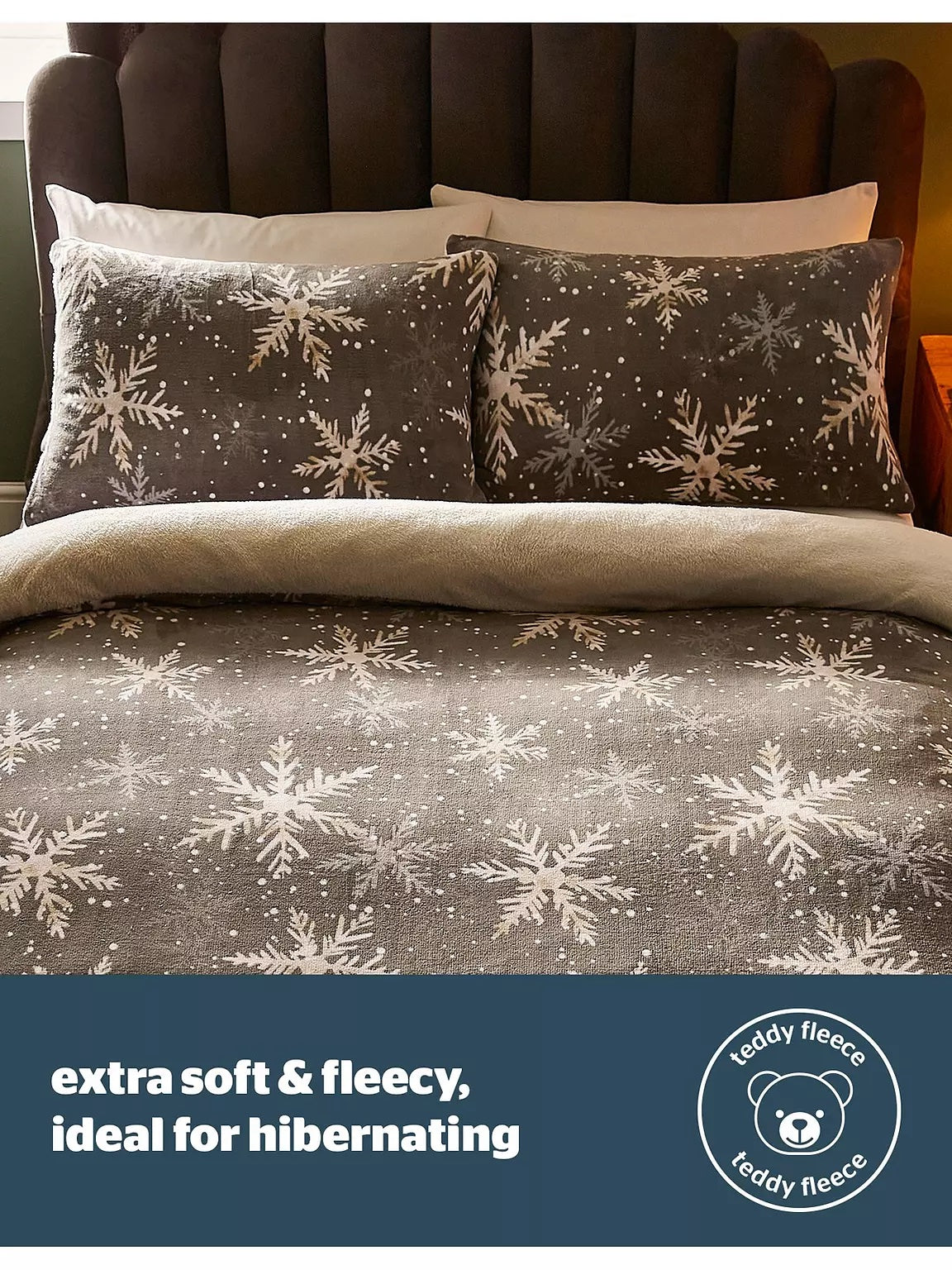 Silentnight Christmas Snowflake Fleece Duvet Cover Set - Grey -King Size