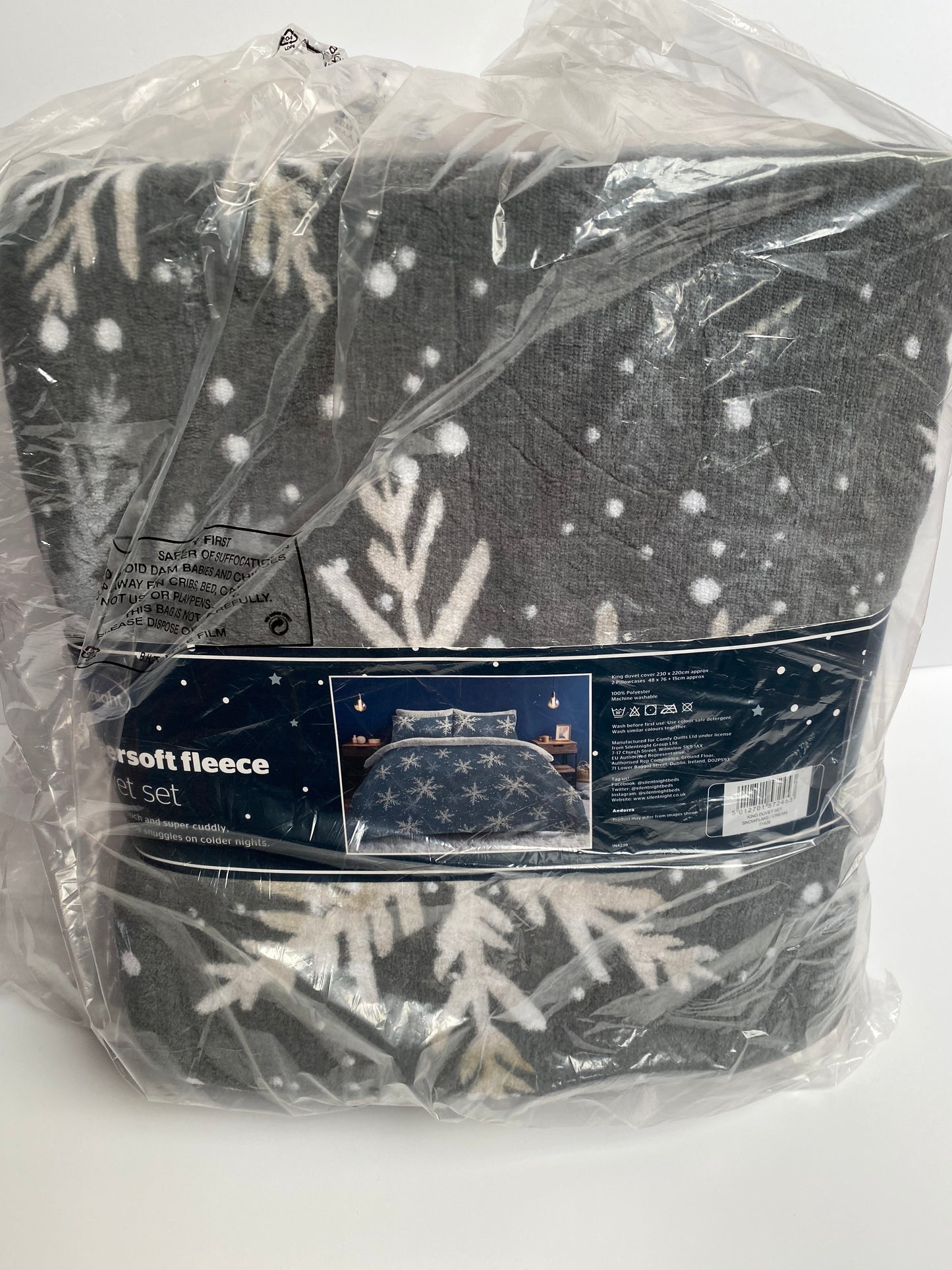 Silentnight Christmas Snowflake Fleece Duvet Cover Set - Grey -King Size