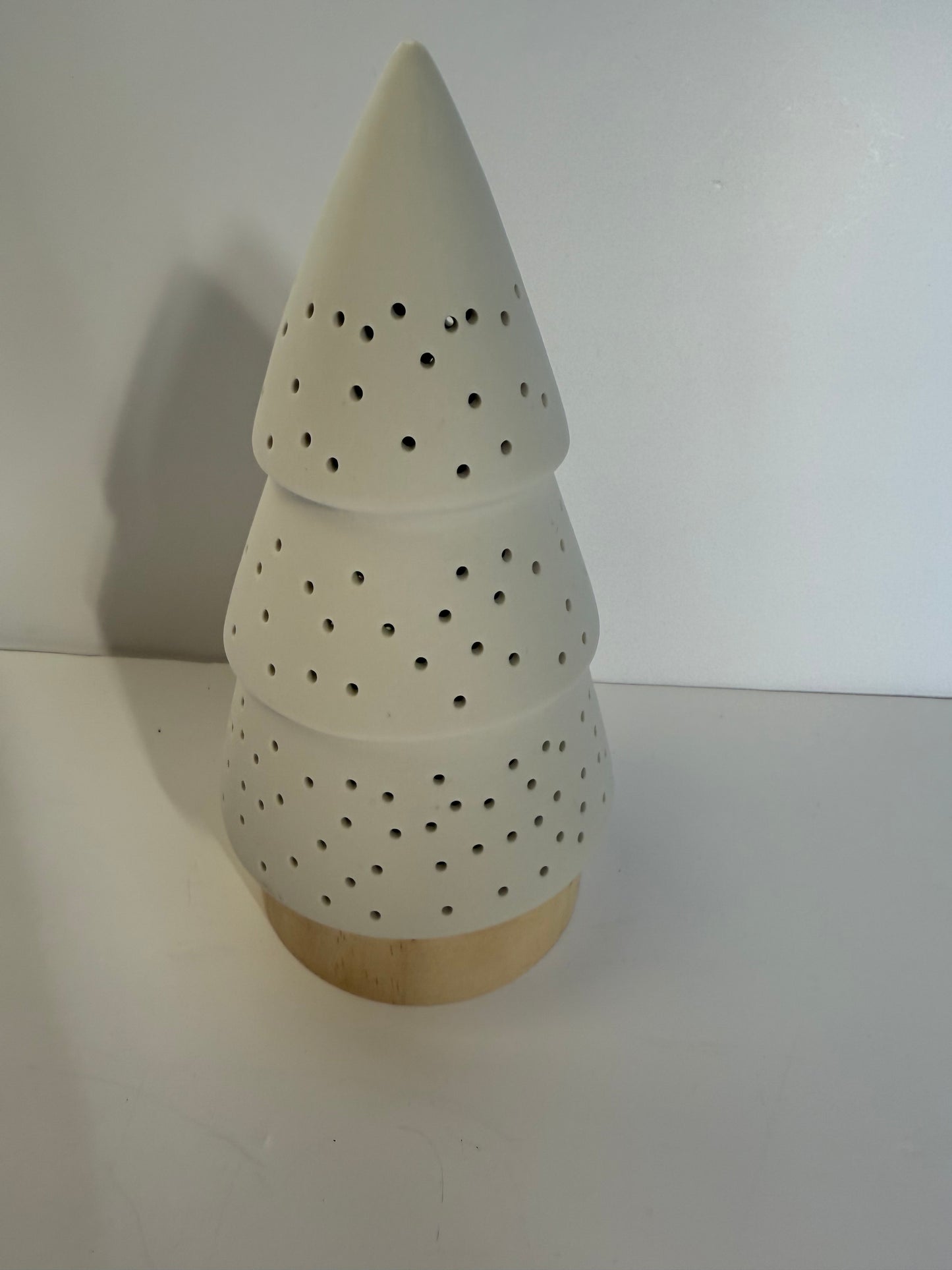 White Light Up Tree On Wooden Base Decoration