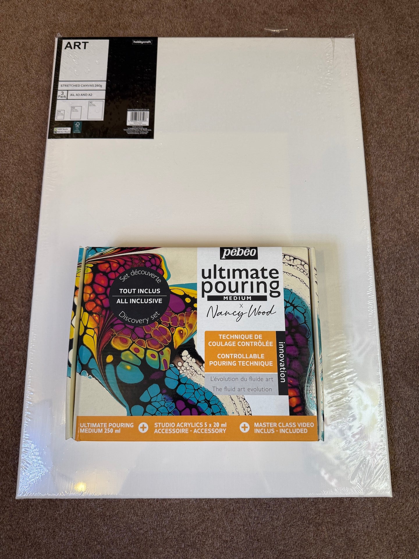 Pebeo ultimate pouring medium Nancy wood Discovery Kit + 3 Canvases (A4, A3, A2)