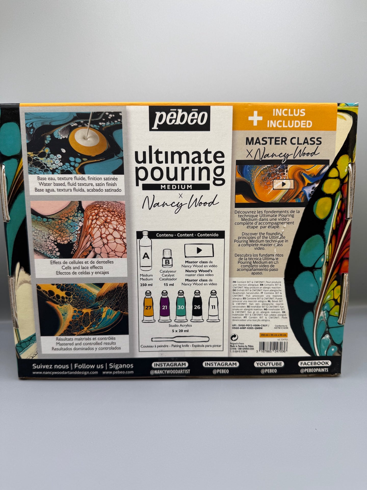 Pebeo ultimate pouring medium Nancy wood Discovery Kit + 3 Canvases (A4, A3, A2)
